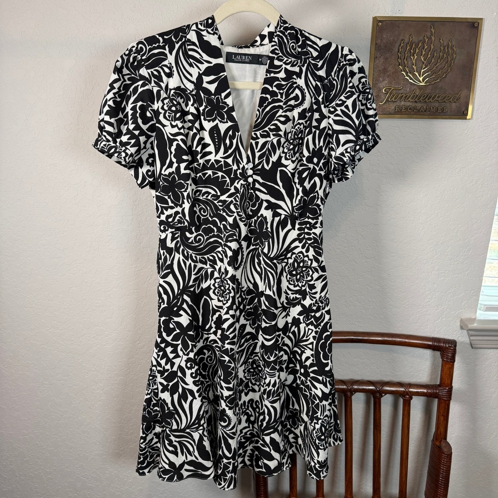 Lauren Ralph Lauren Black White Floral Puff Sleeve V-Neck Dress 6P Petite